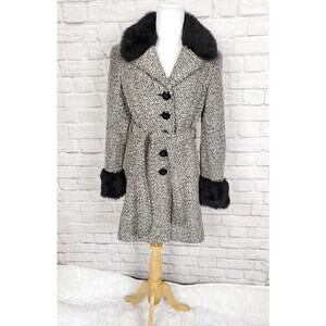 Marvin Richards Wool Blend Peacoat Coat Black Cream Belted Faux Fur Trim Sz S